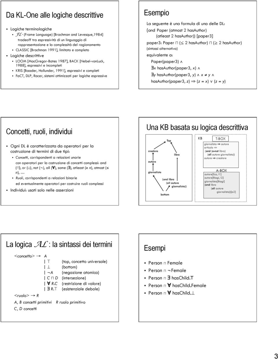 espressivi e completi FaCT, DLP, Racer, sistemi ottimizzati per logiche espressive Esempio La seguente è una formula di una delle DL: (and Paper (atmost 2 hasauthor) (atleast 2 hasauthor)) [paper3]