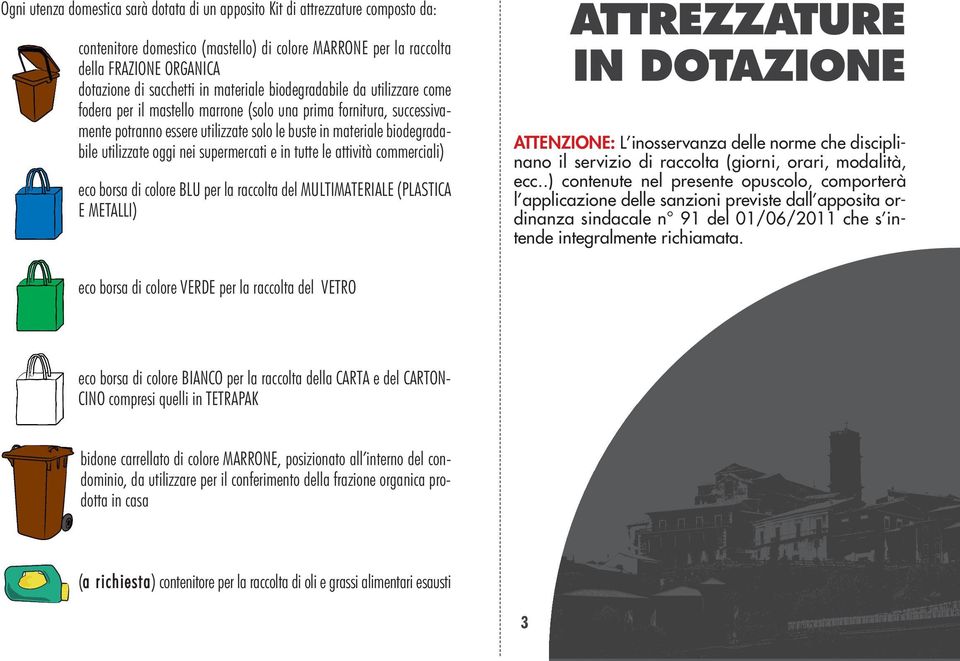 oggi nei supermercati e in tutte le attività commerciali) eco borsa di colore BLU per la raccolta del MULTIMATERIALE (PLASTICA E METALLI) ATTREZZATURE IN DOTAZIONE ATTENZIONE: L inosservanza delle