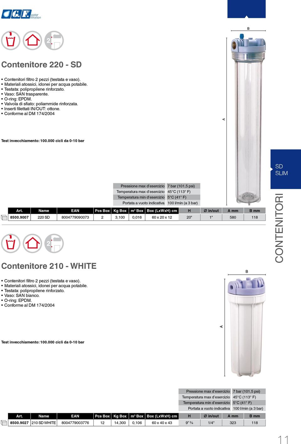 000 cicli da 0-10 bar SD SLIM 2 Contenitore 210 - White contenitori Contenitori filtro 2 pezzi (testata e vaso). Materiali atossici, idonei per acqua potabile. Testata: polipropilene rinforzato.