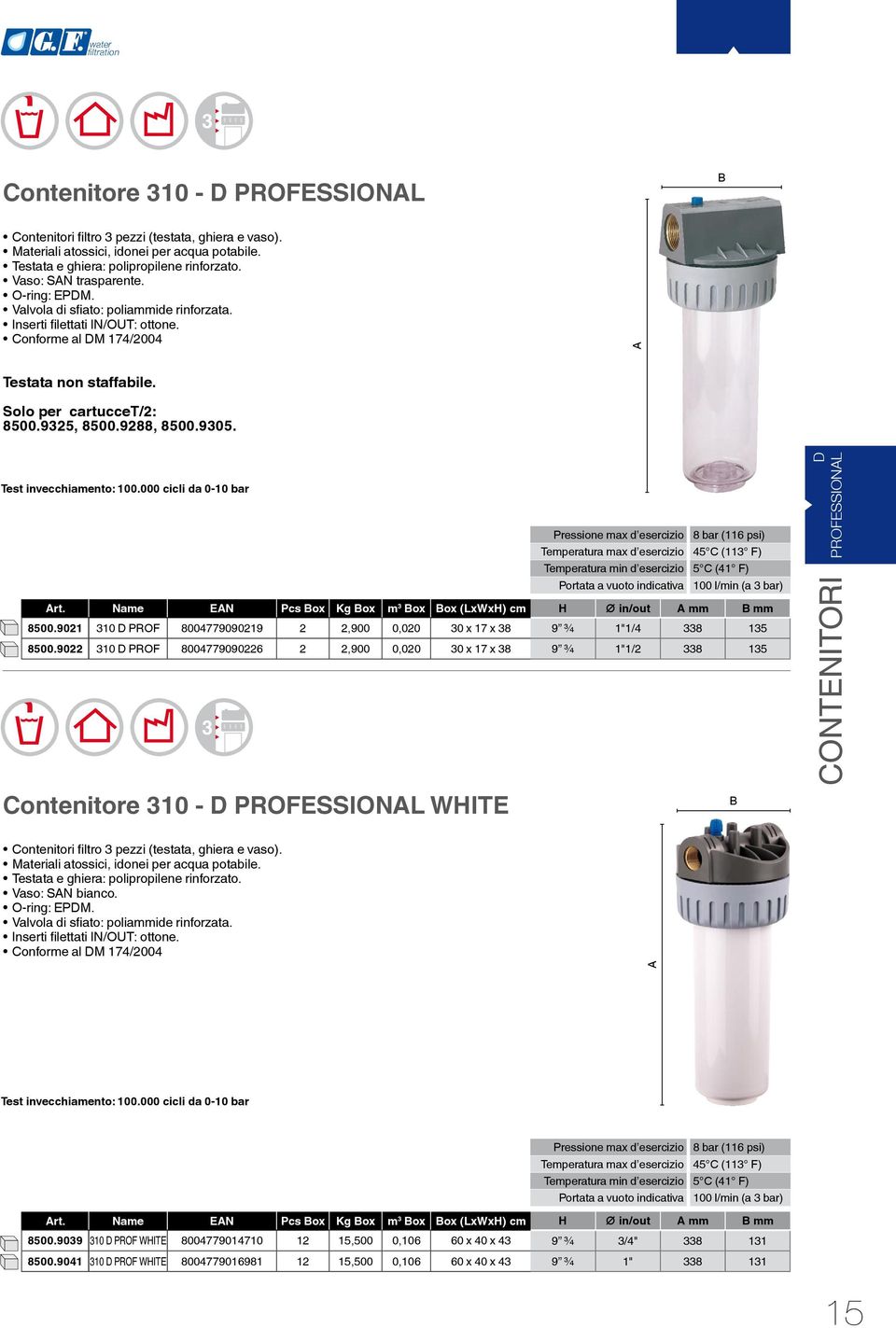 9288, 8500.9305. 3 Contenitore 310 - D PROFESSIONL WHITE D PROFEssional contenitori Contenitori filtro 3 pezzi (testata, ghiera e vaso). Materiali atossici, idonei per acqua potabile.