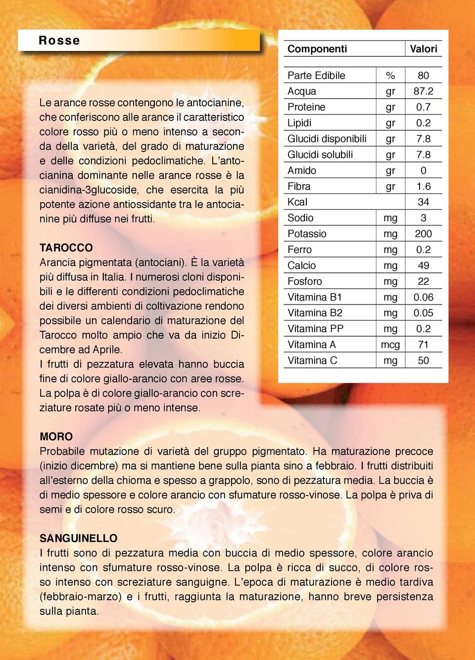 TAROCCO Arancia pigmentata (antociani). È la varietà più diffusa in Italia.