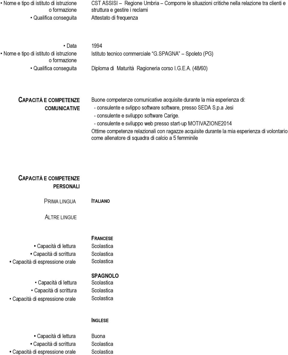 NA Spoleto (PG) Diploma di Maturità Ragioneria corso I.G.E.A. (48/60) COMUNICATIVE Buone competenze comunicative acquisite durante la mia esperienza di: - consulente e svlippo software software, presso SEDA S.