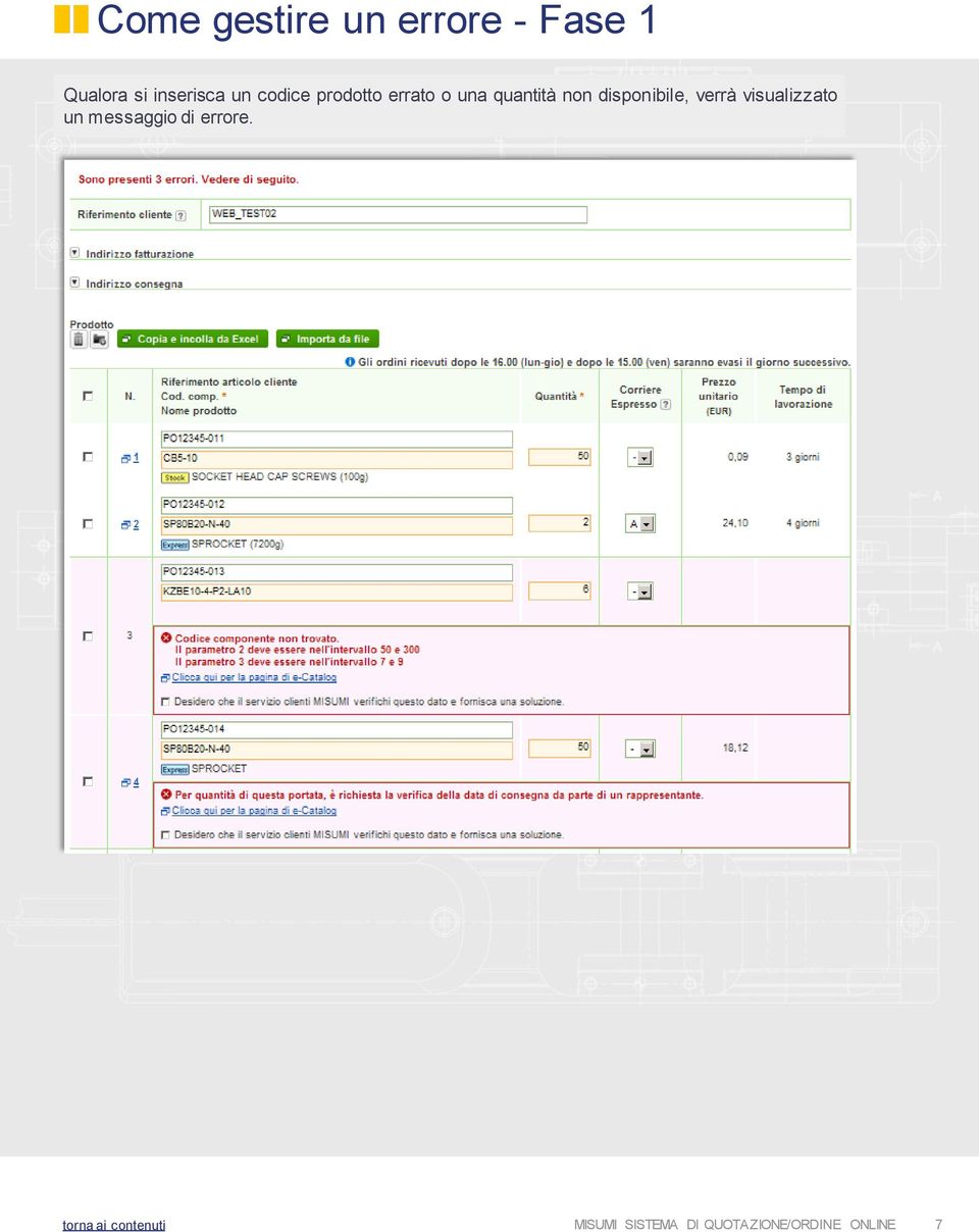 prodotto errato o una quantità non