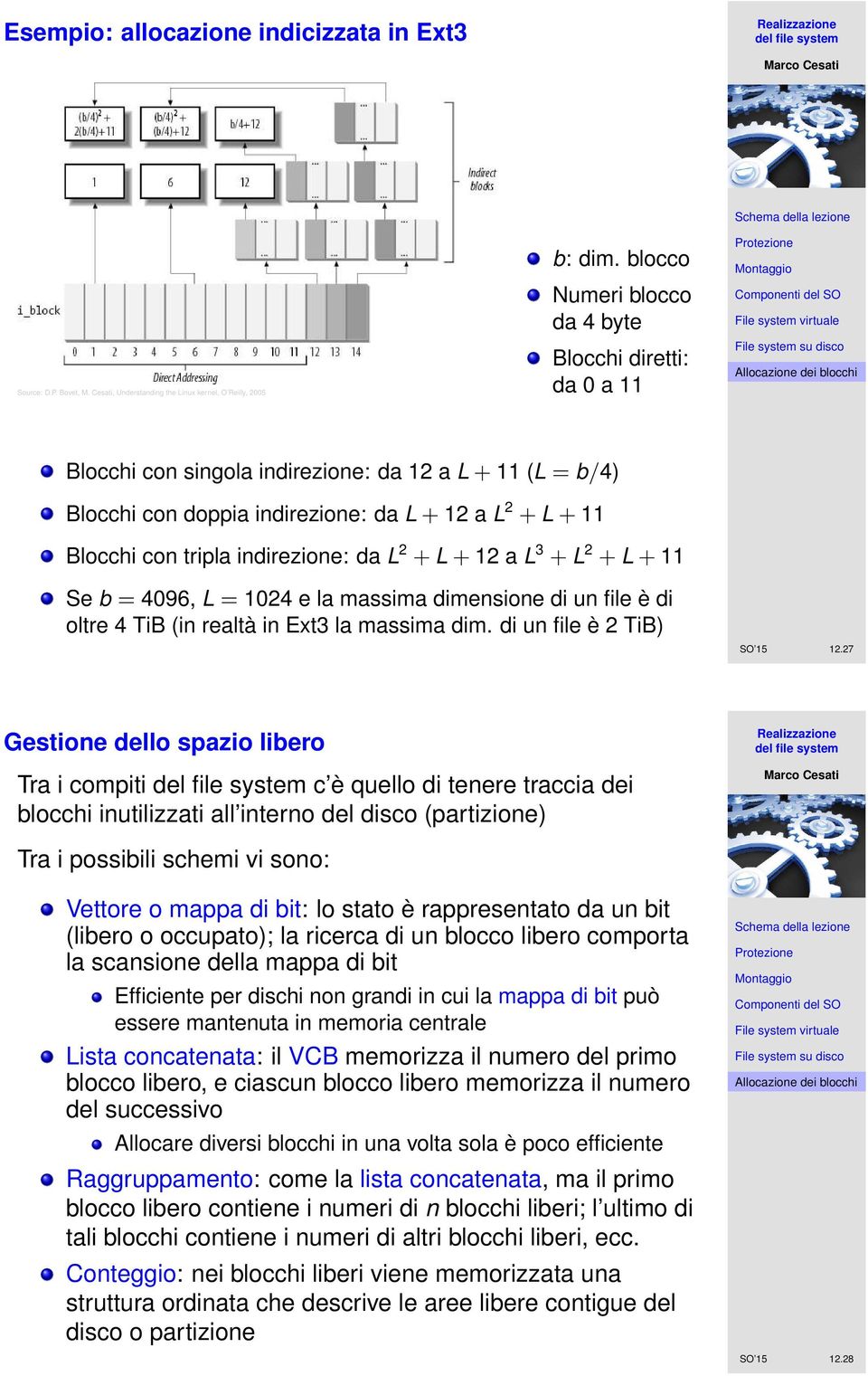 indirezione: da L 2 + L + 12 a L 3 + L 2 + L + 11 Se b = 4096, L = 1024 e la massima dimensione di un file è di oltre 4 TiB (in realtà in Ext3 la massima dim. di un file è 2 TiB) SO 15 12.