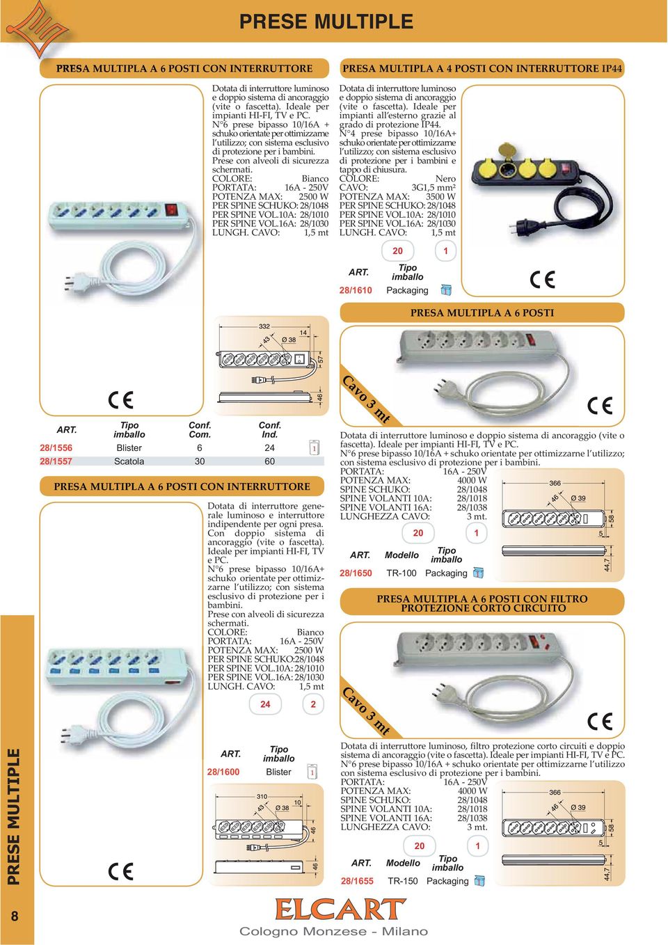 CAVO: 1,5 mt PRESA MULTIPLA A 4 POSTI CON INTERRUTTORE IP44 Dotata di interruttore luminoso e doppio sistema di ancoraggio (vite o fascetta).