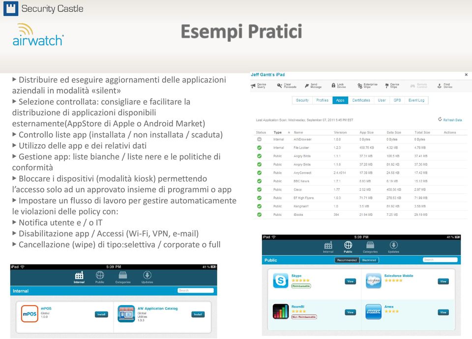 liste nere e le politiche di conformità Bloccare i dispositivi (modalità kiosk) permettendo l accesso solo ad un approvato insieme di programmi o app Impostare un flusso di lavoro