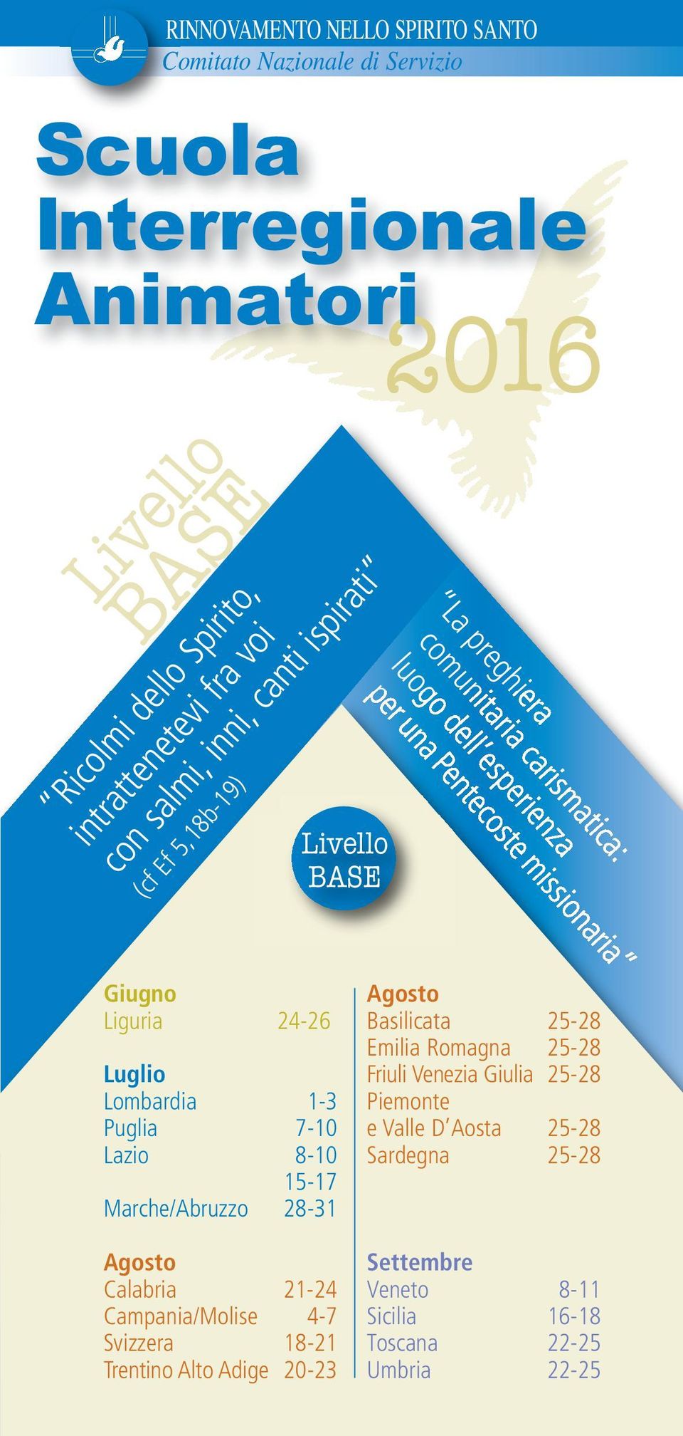 24-26 Luglio Lombardia 1-3 Puglia 7-10 Lazio 8-10 15-17 Marche/Abruzzo 28-31 Agosto Calabria 21-24 Campania/Molise 4-7 Svizzera 18-21 Trentino Alto Adige 20-23 Agosto