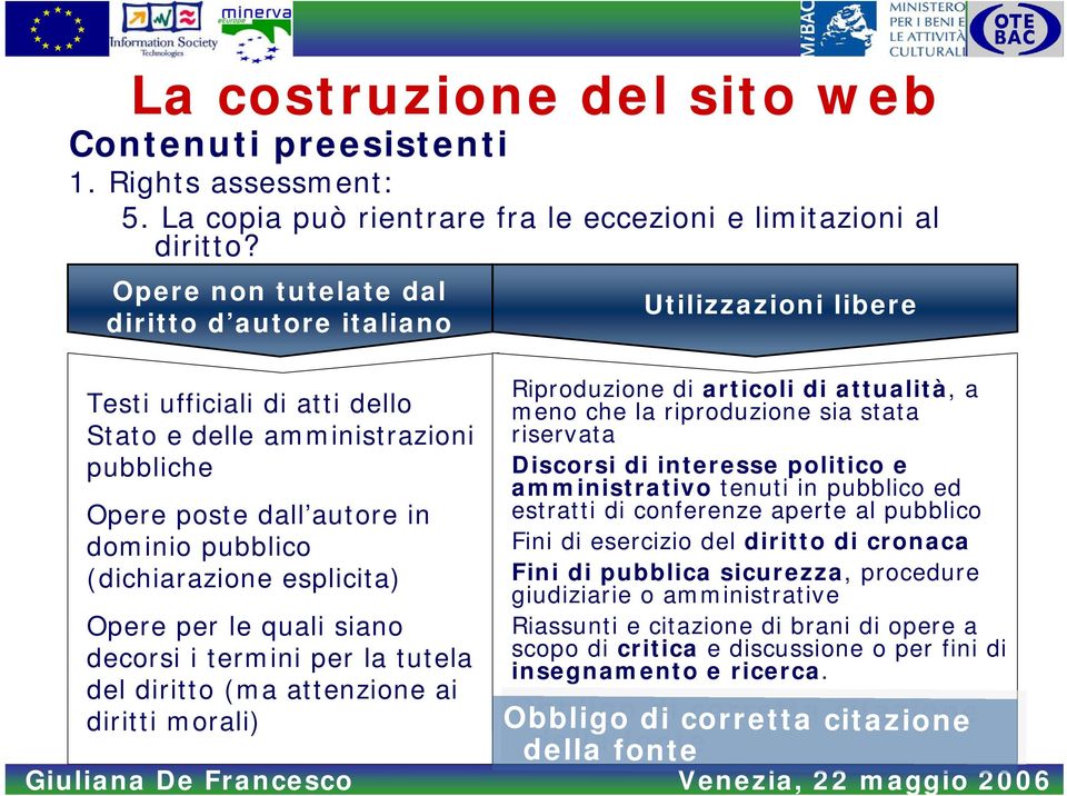 le quali siano decorsi i termini per la tutela del diritto (ma attenzione ai diritti morali) Utilizzazioni libere Riproduzione di articoli di attualità, a meno che la riproduzione sia stata riservata