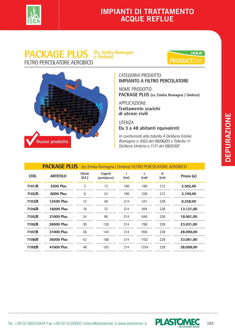 1171 del 09/07/07 PACKAGE PLUS (es. Emilia Romagna / Umbria) FILTRO PERCOLATORE AEROBICO Coperti (pasti/giorno) l L 7101/B 3500 Plus 3 12 186 186 212 2.502,00 7102/B 6000 Plus 6 24 186 258 212 3.