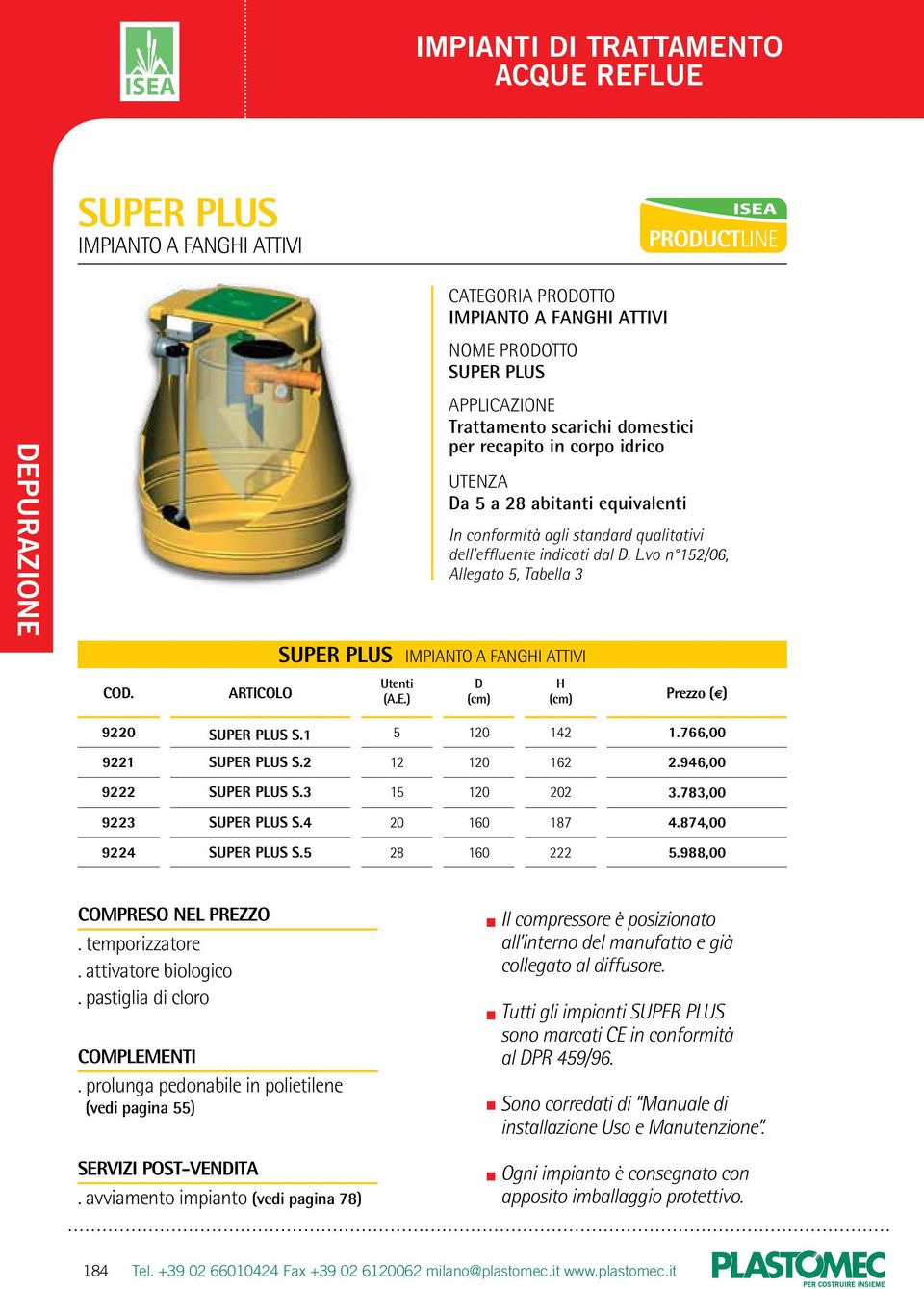 4 SUPER PLUS S.5 COMPRESO NEL PREZZO. temporizzatore. attivatore biologico. pastiglia di cloro COMPLEMENTI. prolunga pedonabile in polietilene (vedi pagina 55) SERVIZI POST-VENITA.