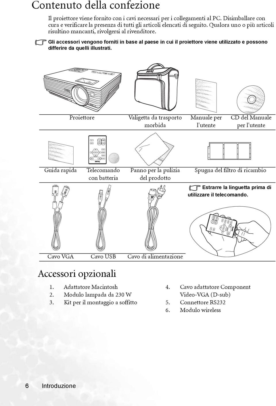Proiettore Valigetta da trasporto morbida Manuale per l'utente CD del Manuale per l'utente Guida rapida Telecomando con batteria Panno per la pulizia del prodotto Spugna del filtro di ricambio