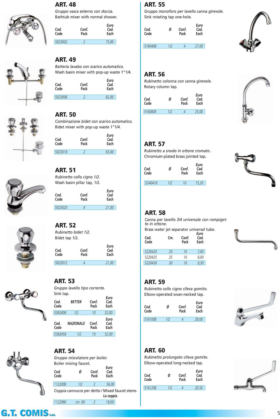 5023018 2 63,00 ART. 51 Rubinetto collo cigno 1/2. Wash basin pillar tap, 1/2. ART. 56 Rubinetto colonna con canna girevole. Rotary column tap. 5160808 1/2 4 25,00 ART.