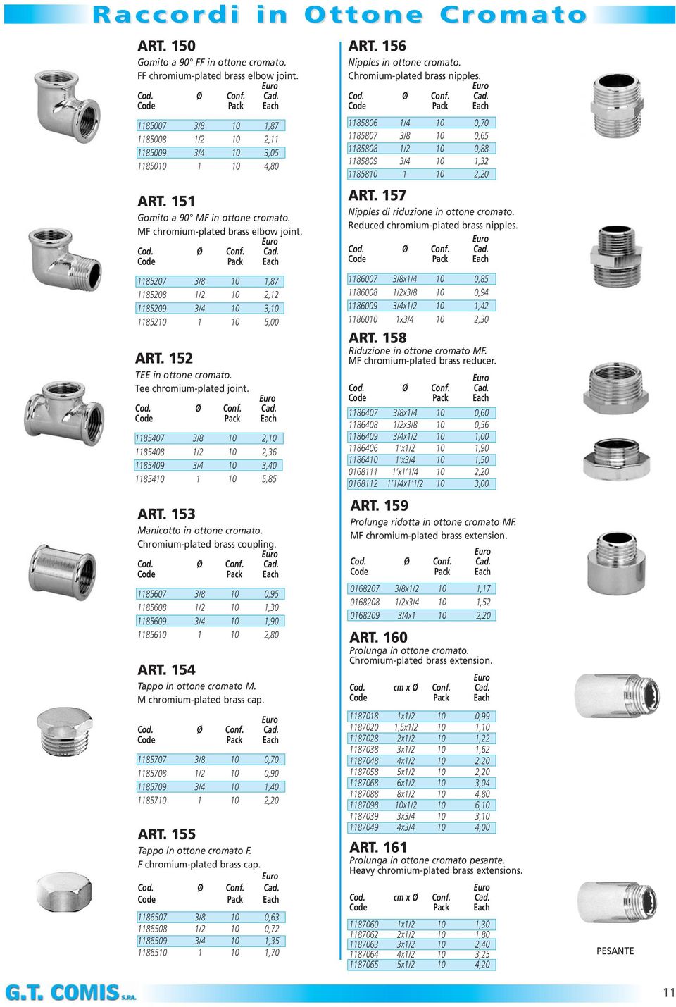 Tee chromium-plated joint. 1185407 3/8 10 2,10 1185408 1/2 10 2,36 1185409 3/4 10 3,40 1185410 1 10 5,85 ART. 153 Manicotto in ottone cromato. Chromium-plated brass coupling.