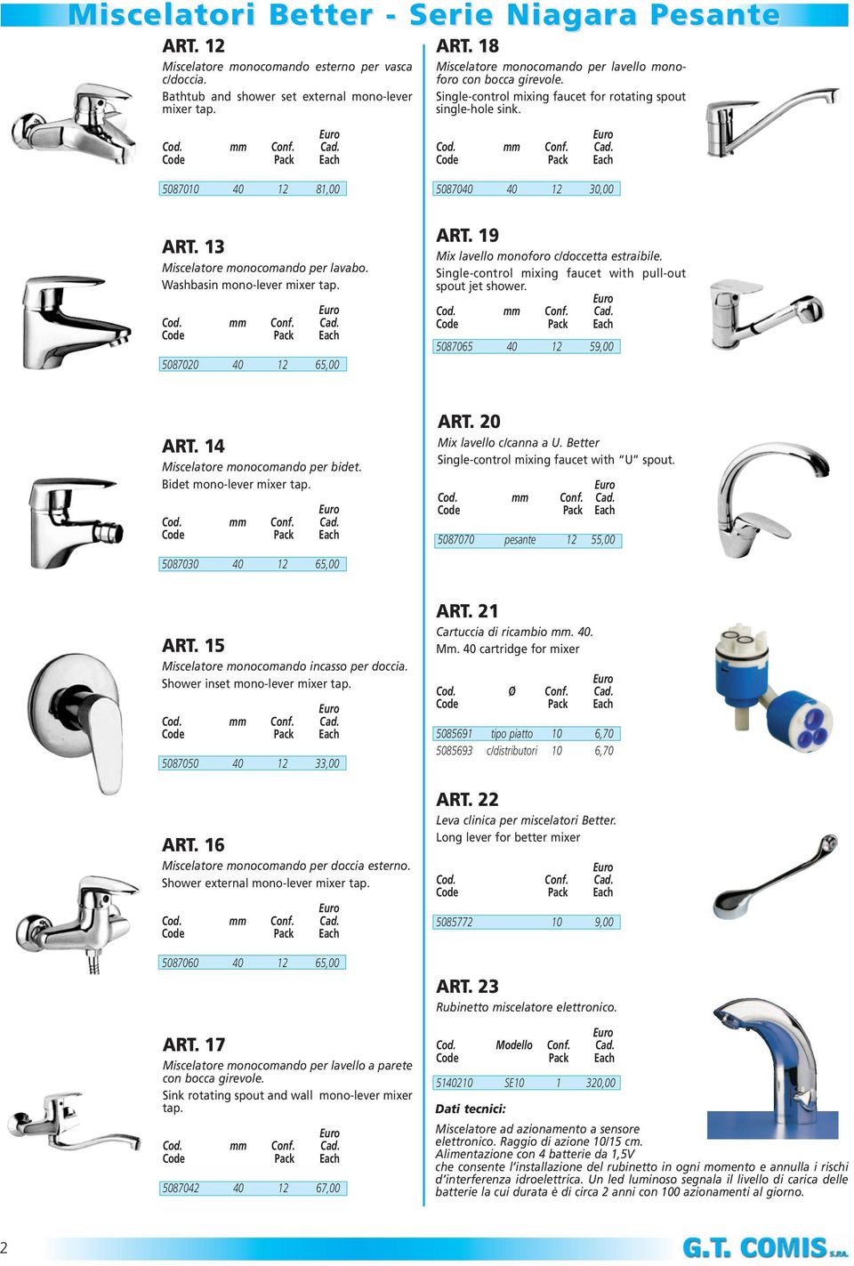 Cod. mm Conf. Cad. 5087020 40 12 65,00 ART. 19 Mix lavello monoforo c/doccetta estraibile. Single-control mixing faucet with pull-out spout jet shower. Cod. mm Conf. Cad. 5087065 40 12 59,00 ART.