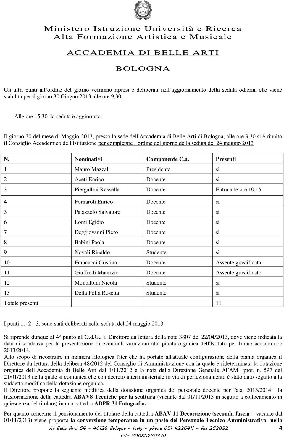 Il giorno 30 del mese di Maggio 2013, presso la sede dell'accademia di Belle Arti di Bologna, alle ore 9,30 si è riunito il Consiglio Accademico dell'istituzione per completare l ordine del giorno