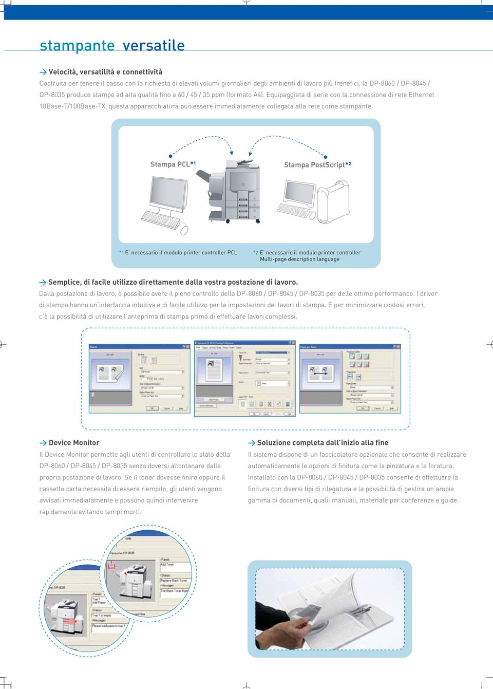 Equipaggiata di serie con la connessione di rete Ethernet 10Base-T/100Base-TX, questa apparecchiatura può essere immediatamente collegata alla rete come stampante.