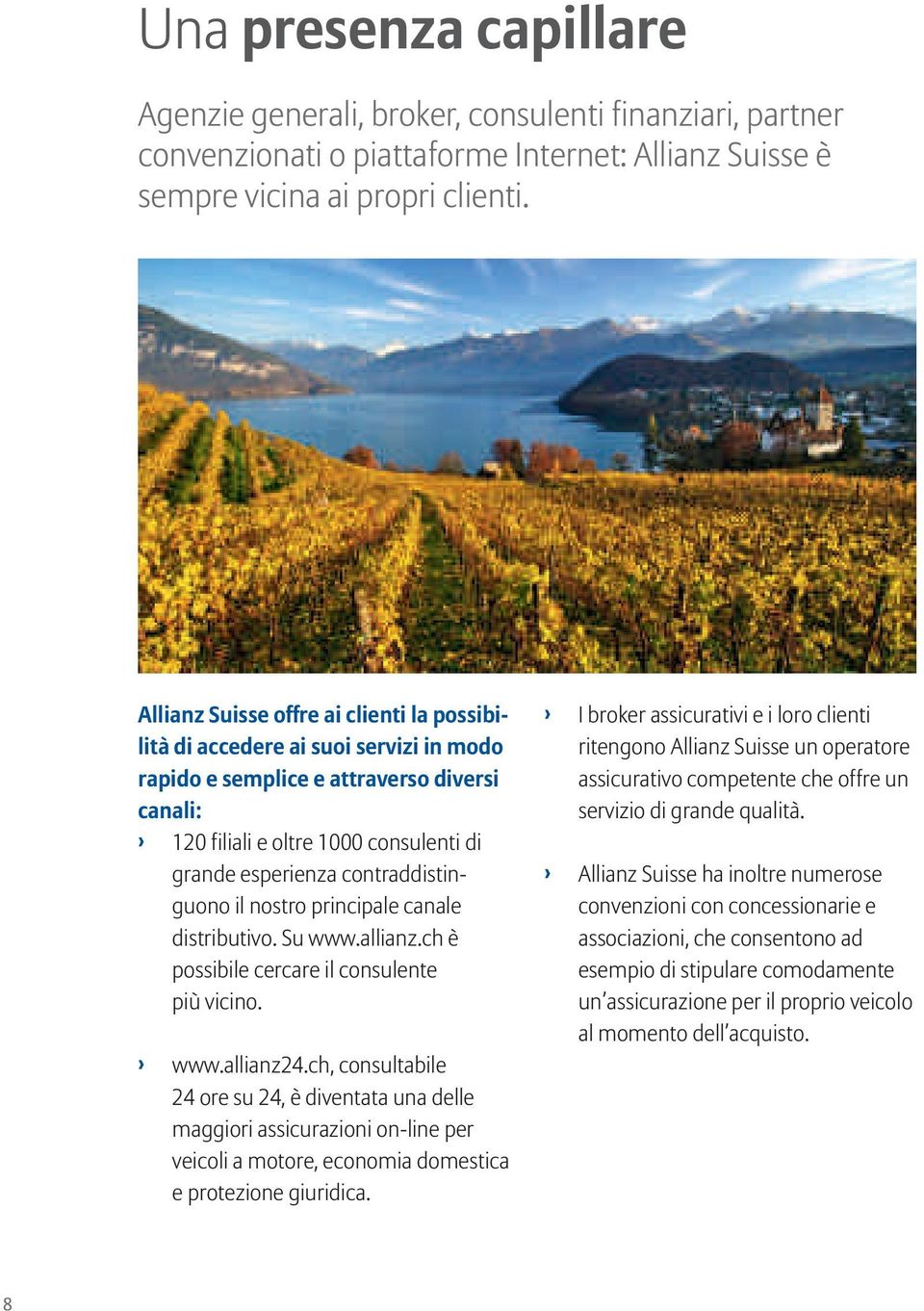 contraddistinguono il nostro principale canale distributivo. Su www.allianz.ch è possibile cercare il consulente più vicino. www.allianz24.