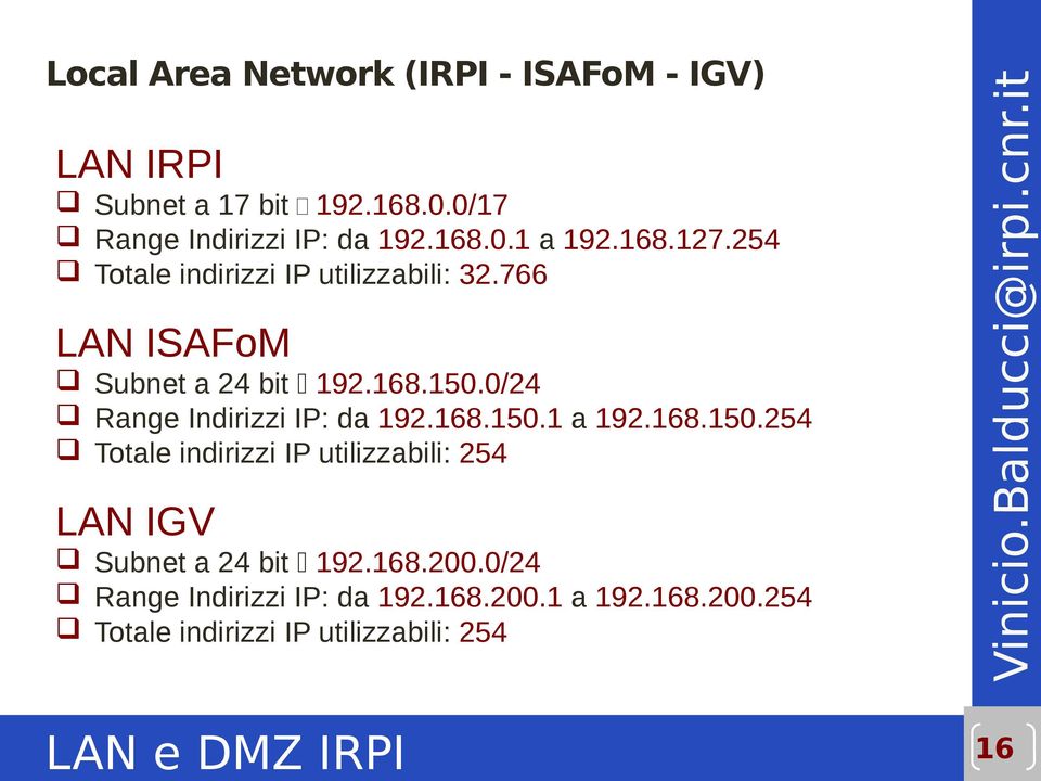 168.150.1 a 192.168.150.254 Totale indirizzi IP utilizzabili: 254 LAN IGV Subnet a 24 bit 192.168.200.