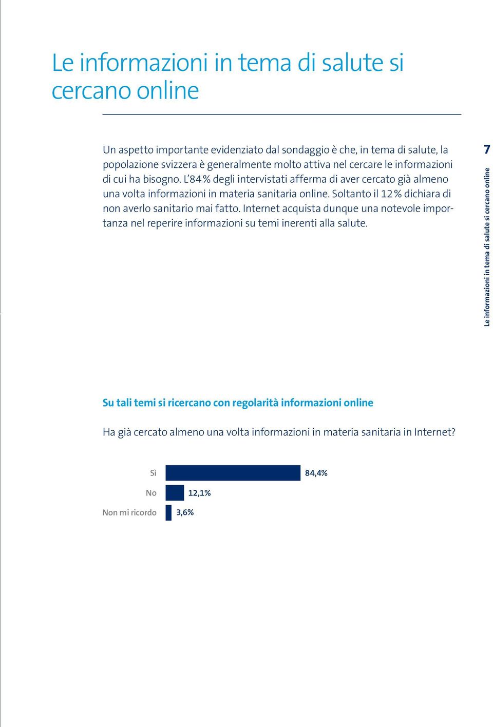 Soltanto il 12 % dichiara di non averlo sanitario mai fatto. Internet acquista dunque una notevole importanza nel reperire informazioni su temi inerenti alla salute.