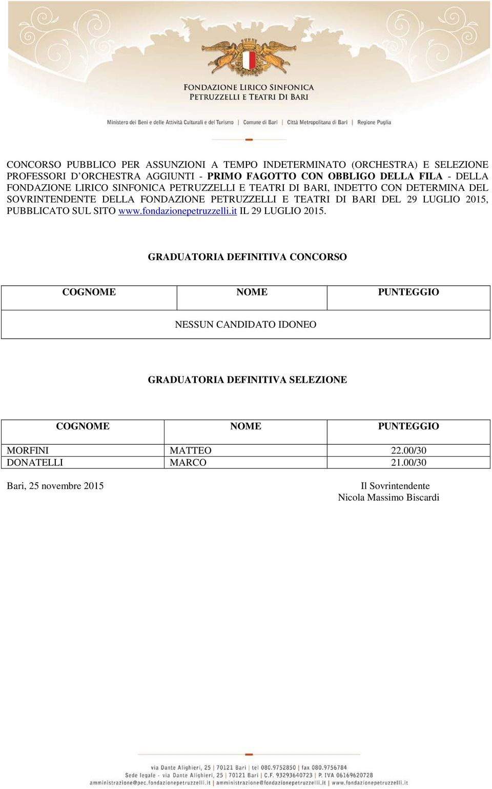 FONDAZIONE PETRUZZELLI E TEATRI DI BARI DEL 29 LUGLIO 2015, PUBBLICATO SUL SITO www.