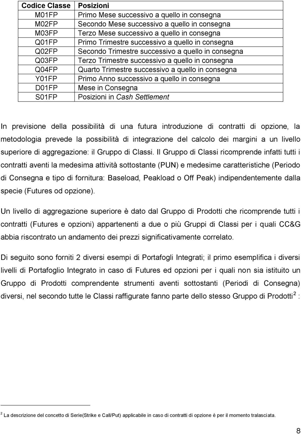 quello in consegna Primo Anno successivo a quello in consegna Mese in Consegna Posizioni in Cash Settlement In previsione della possibilità di una futura introduzione di contratti di opzione, la