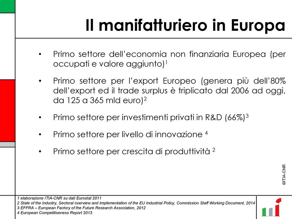 livello di innovazione 4 Primo settore per crescita di produttività 2 1 elaborazione ITIA-CNR su dati Eurostat 2011 2 State of the Industry, Sectoral overview and