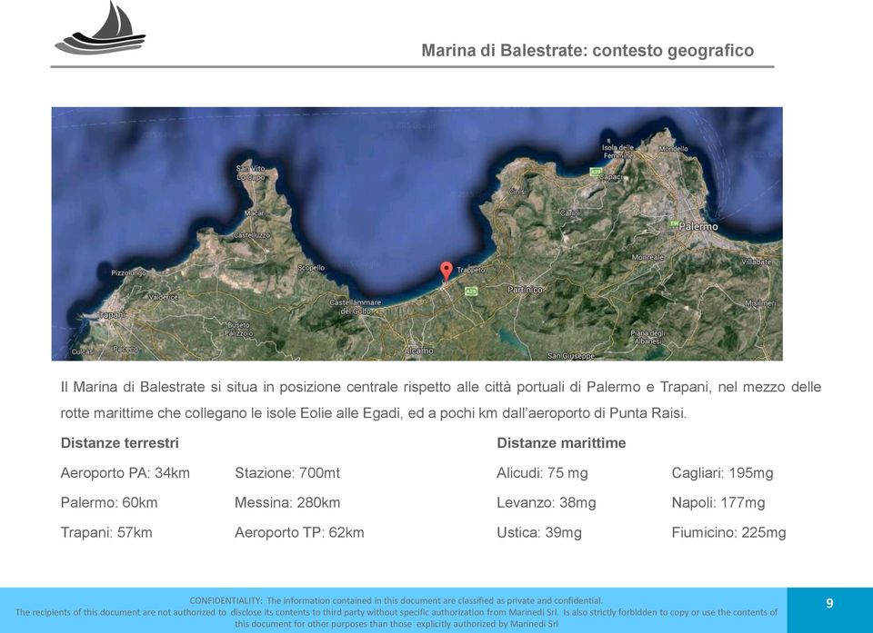 Distanze terrestri Distanze marittime Aeroporto PA: 34km Stazione: 700mt Alicudi: 75 mg Cagliari: 195mg Palermo: 60km Messina: 280km Levanzo: 38mg Napoli: 177mg Trapani: 57km Aeroporto TP: 62km