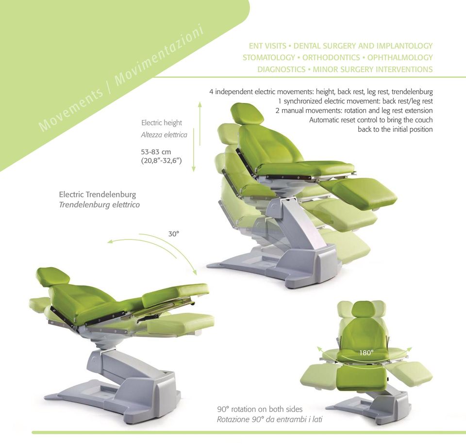movement: back rest/leg rest 2 manual movements: rotation and leg rest extension Automatic reset control to bring the couch back to the