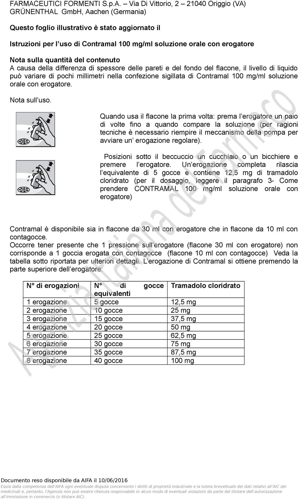 confezione sigillata di Contramal 100 mg/ml soluzione orale con erogatore. Nota sull uso.