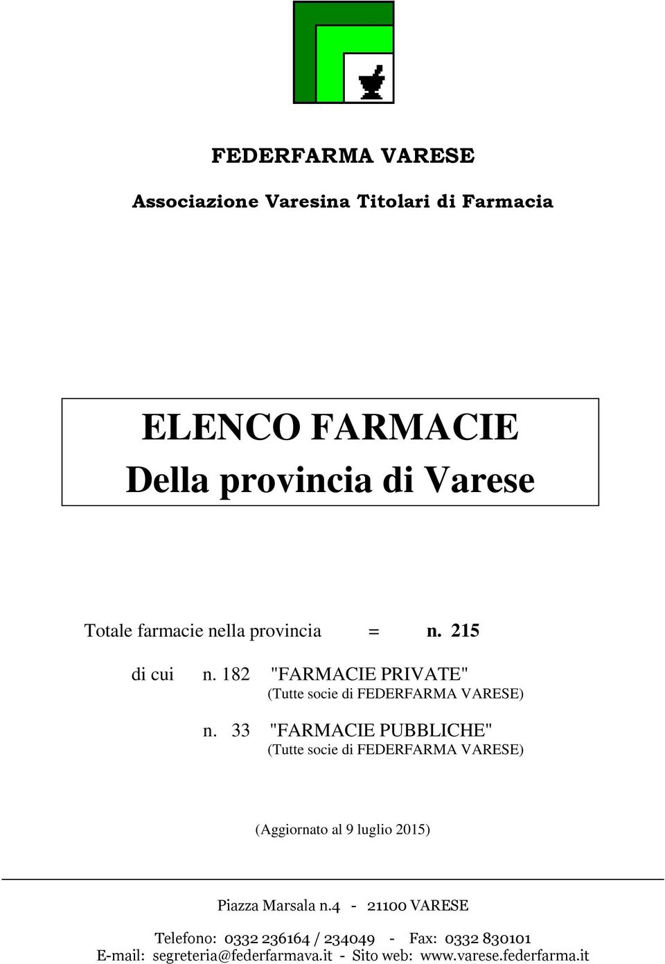 33 "FARMACIE PUBBLICHE" (Tutte socie di FEDERFARMA VARESE) (Aggiornato al 9 luglio 2015) Piazza Marsala n.