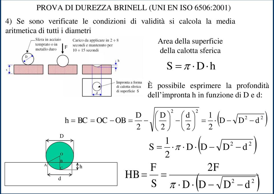 BC h 1 d D D D S d D D D F S F HB PROVA DI DUREZZA BRINELL (UNI EN ISO 6506:001) 4)