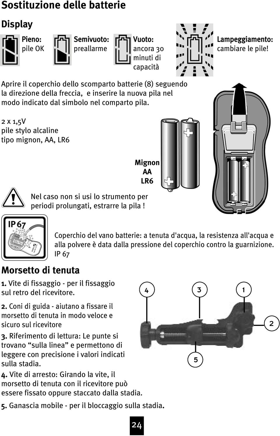 x,5v pile stylo alcaline tipo mignon, AA, LR6 Mignon AA LR6 Nel caso non si usi lo strumento per periodi prolungati, estrarre la pila!