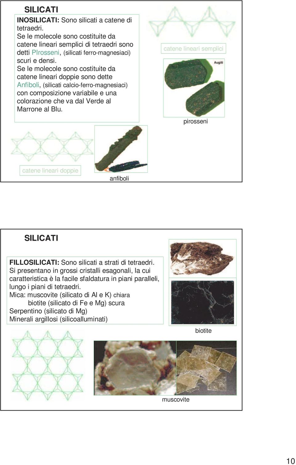 catene lineari semplici pirosseni catene lineari doppie anfiboli SILICATI FILLOSILICATI: Sono silicati a strati di tetraedri.