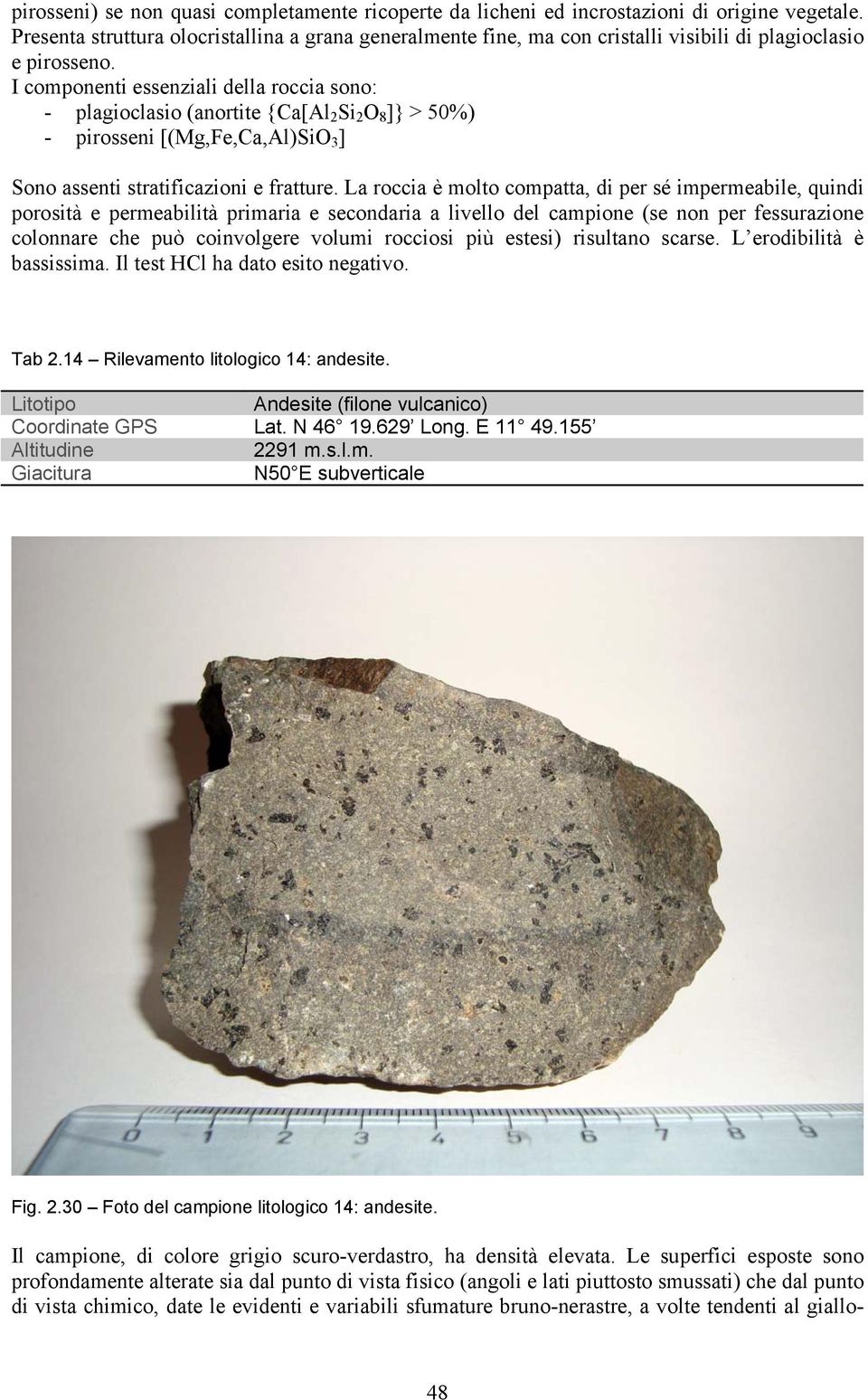 I componenti essenziali della roccia sono: - plagioclasio (anortite {Ca[Al 2 Si 2 O 8 ]} > 50%) - pirosseni [(Mg,Fe,Ca,Al)SiO 3 ] Sono assenti stratificazioni e fratture.