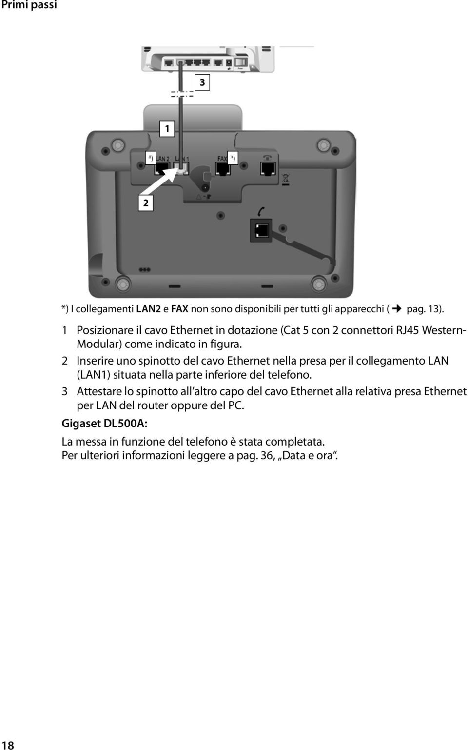 2 Inserire uno spinotto del cavo Ethernet nella presa per il collegamento LAN (LAN1) situata nella parte inferiore del telefono.