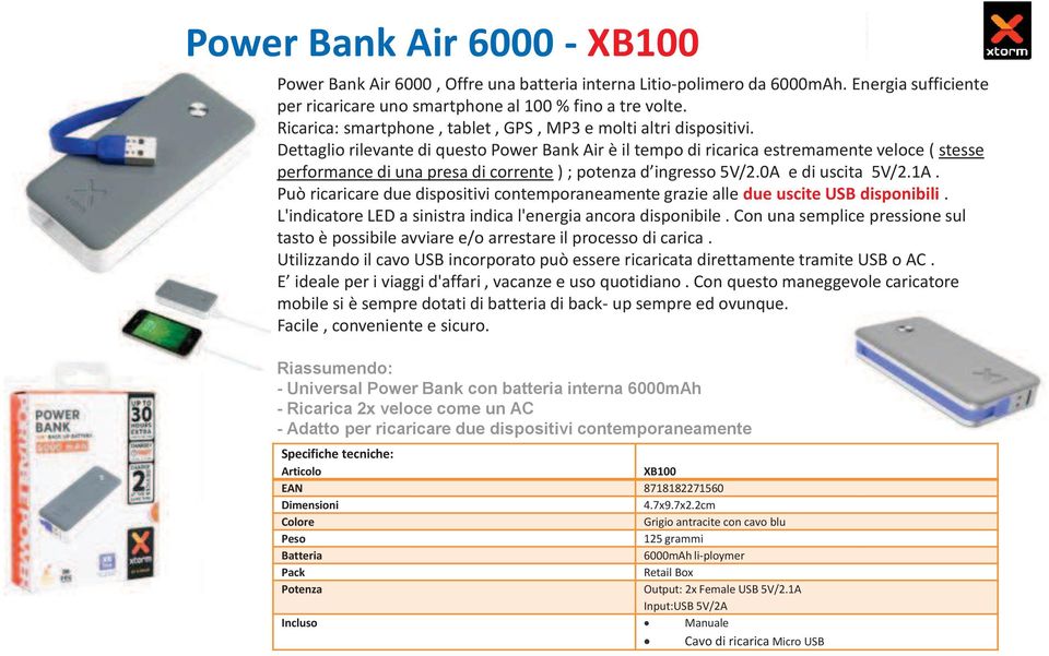 Dettaglio rilevante di questo Power Bank Air è il tempo di ricarica estremamente veloce ( stesse performance di una presa di corrente ) ; potenza d ingresso 5V/2.0A e di uscita 5V/2.1A.