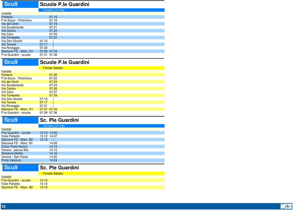 24 Via Centro 07.26 Via Calvi 07.27 Via Tombetta 07.29 Via Don Girardi 07.15 Via Tevere 07.17 Via Roveggia 07.21 Stazione FS - Marc. D1 07.27 07.34 P.le Guardini - scuole 07.29 07.36 Scu9 Scuole P.