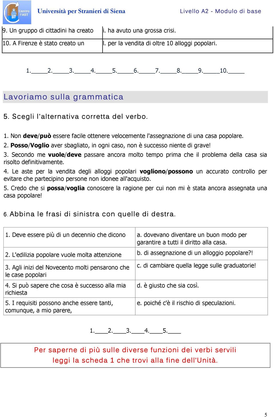 Posso/Voglio aver sbagliato, in ogni caso, non è successo niente di grave! 3. Secondo me vuole/deve passare ancora molto tempo prima che il problema della casa sia risolto definitivamente. 4.