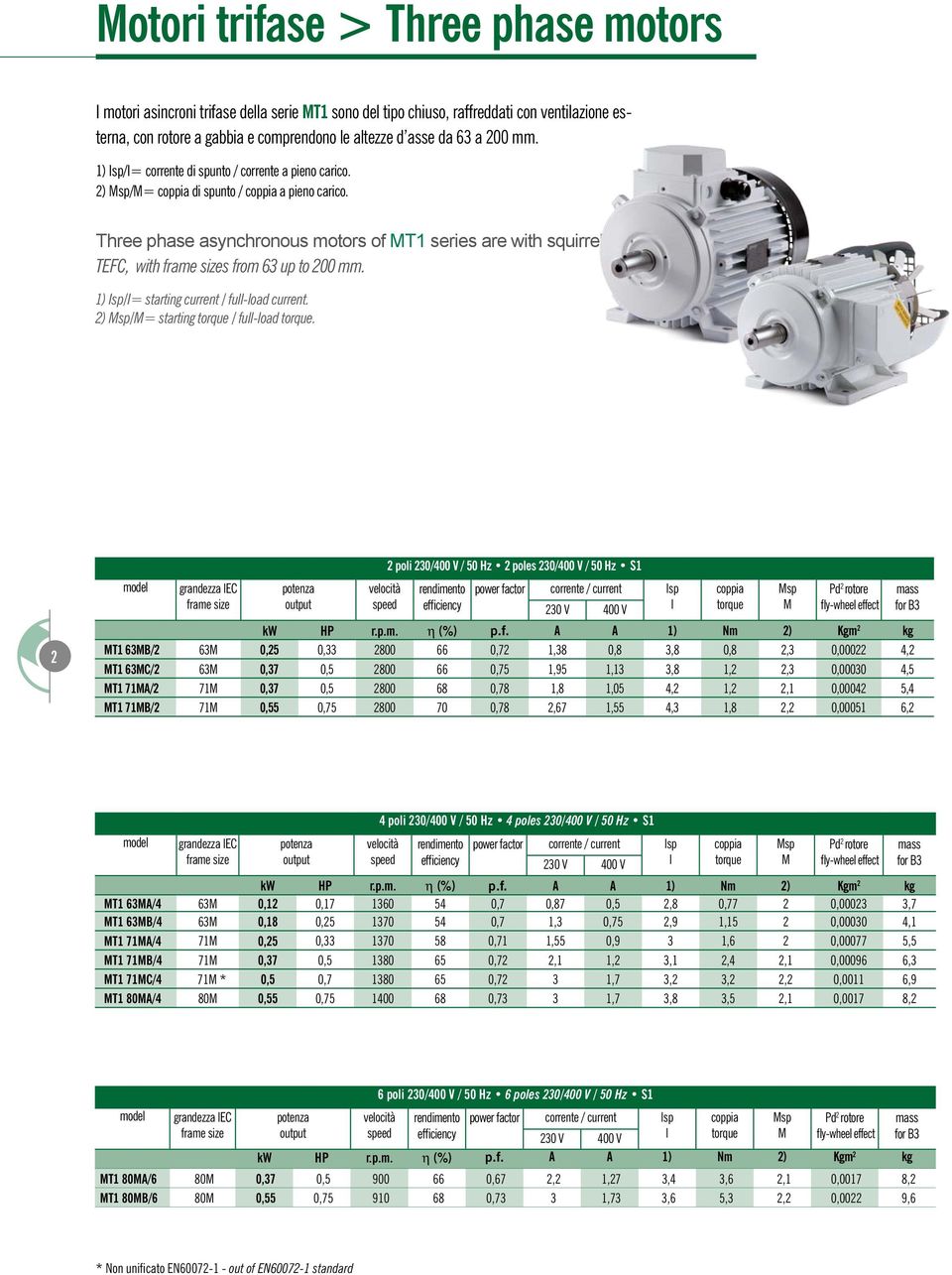 Three phase asynchronous motors of MT1 series are with squirrel cage rotor, TEFC, with s from 63 up to 200 mm. 1) Isp/I= starting current / full-load current.