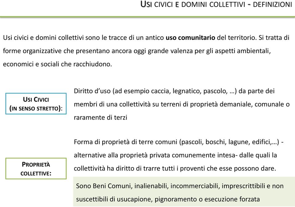 USI CIVICI (IN SENSO STRETTO): Diritto d uso (ad esempio caccia, legnatico, pascolo, ) da parte dei membri di una collettività su terreni di proprietà demaniale, comunale o raramente di terzi Forma