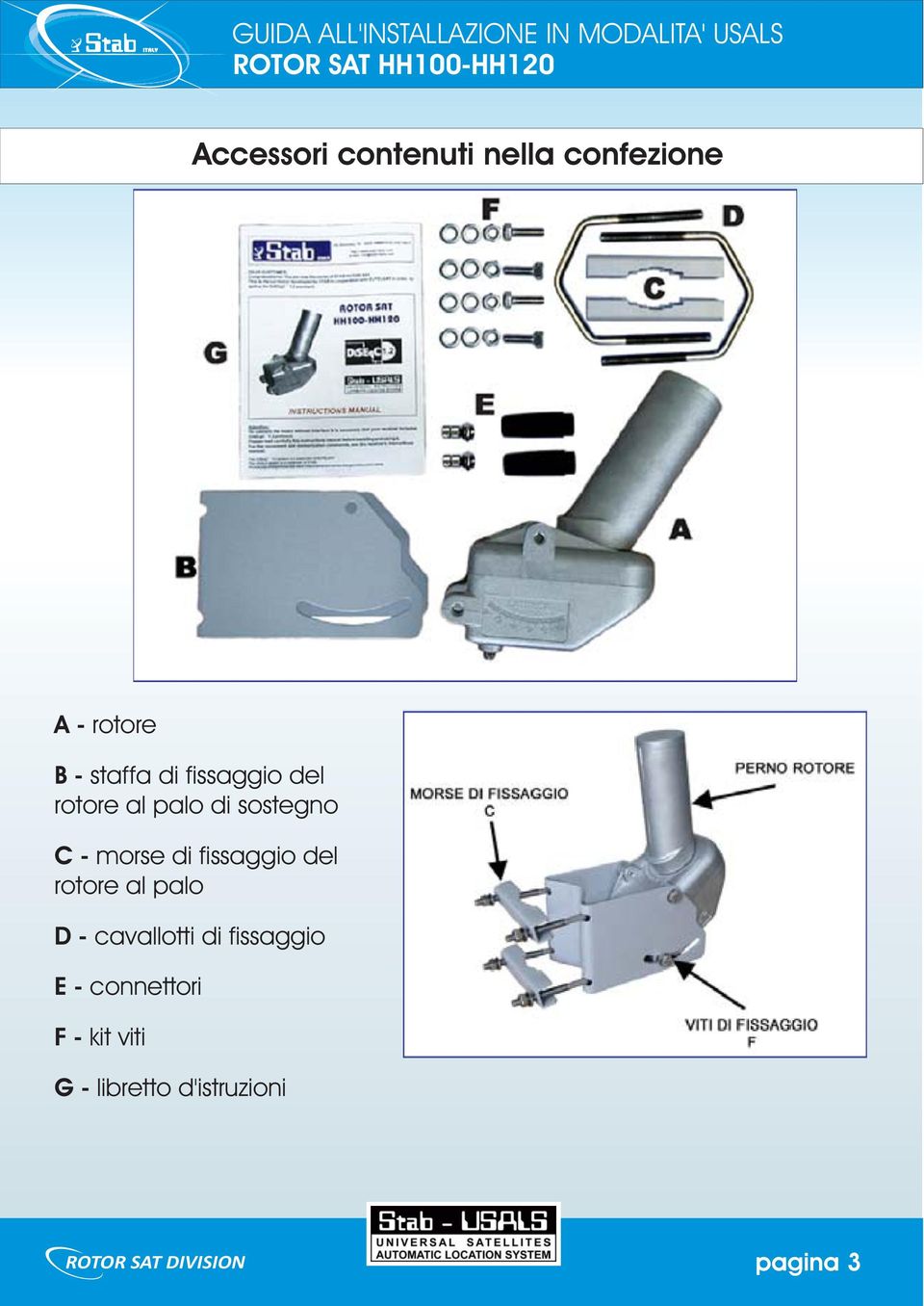 fissaggio del rotore al palo D - cavallotti di fissaggio E