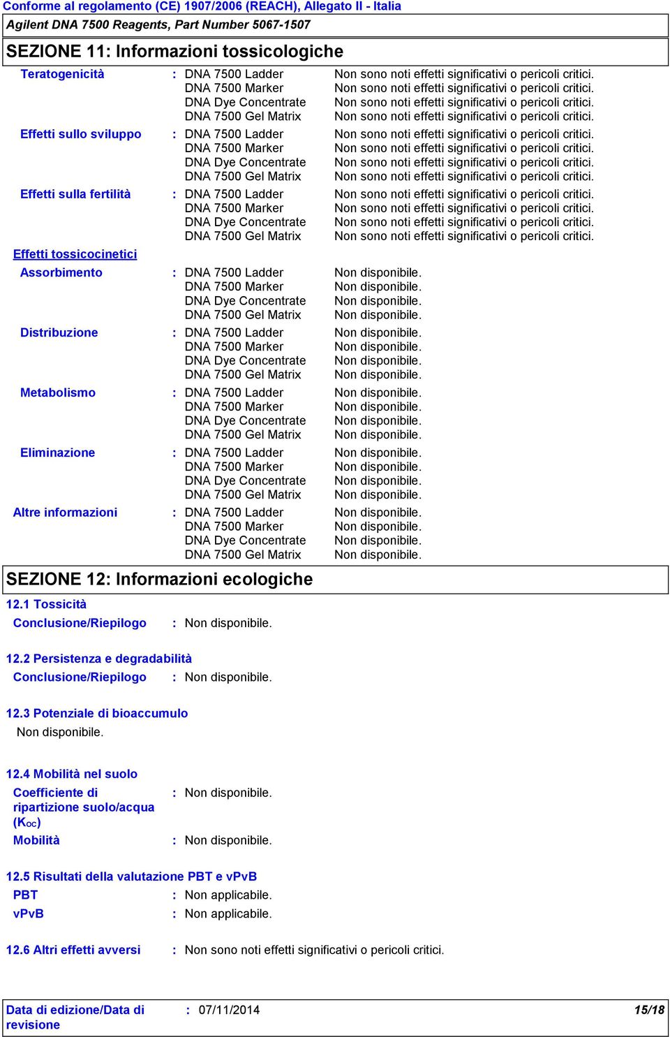 1 Tossicità Conclusione/Riepilogo 12.2 Persistenza e degradabilità Conclusione/Riepilogo 12.3 Potenziale di bioaccumulo 12.