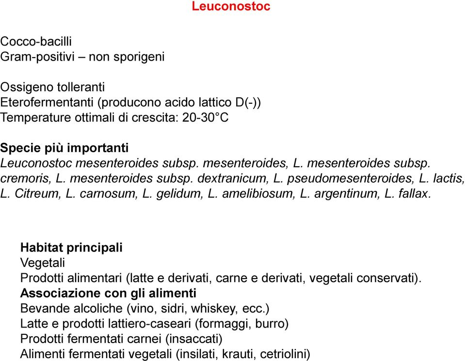 gelidum, L. amelibiosum, L. argentinum, L. fallax. Habitat principali Vegetali Prodotti alimentari (latte e derivati, carne e derivati, vegetali conservati).