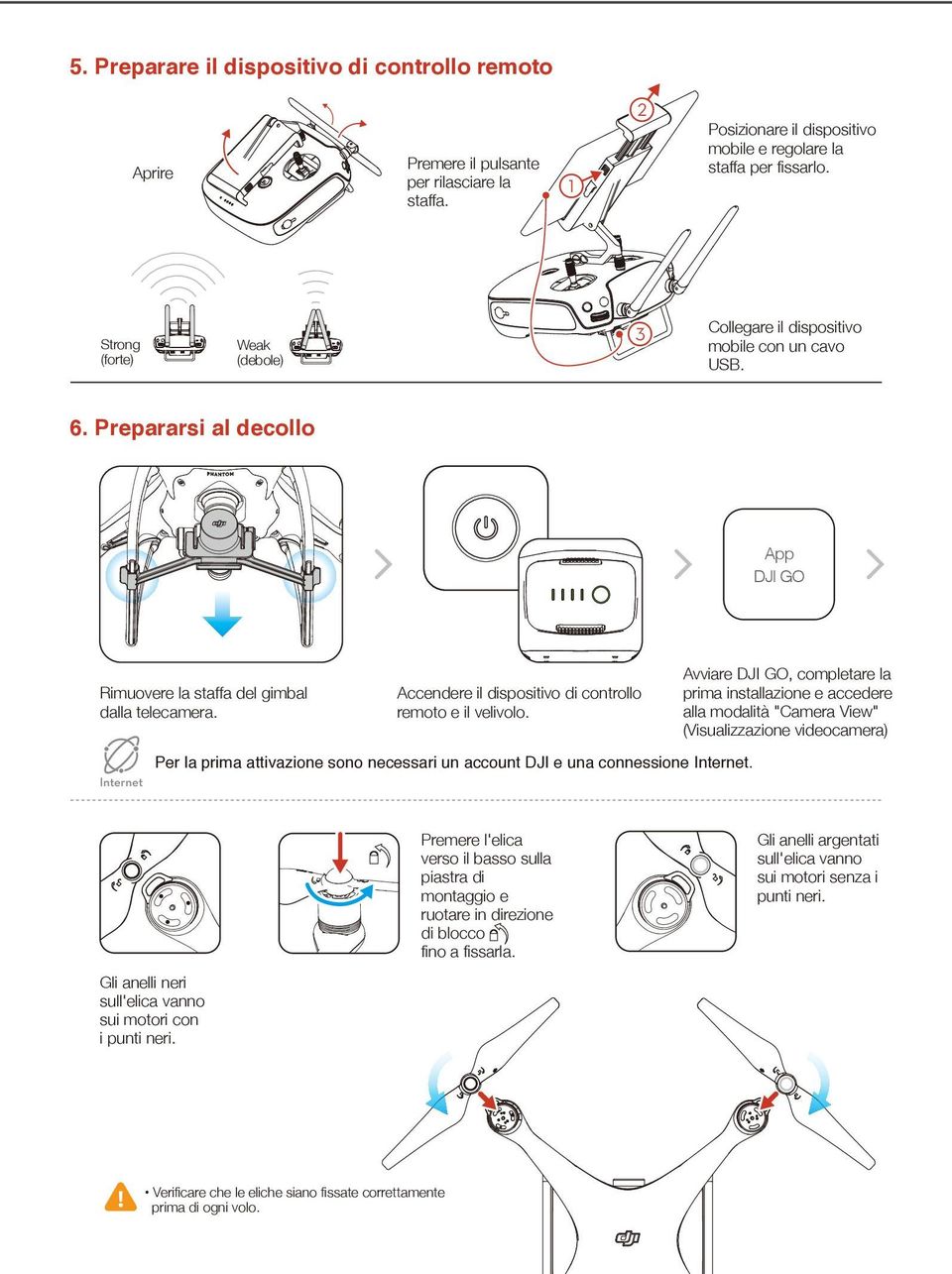 Prepararsi al decollo App DJI GO Rimuovere la staffa del gimbal dalla telecamera. Accendere il dispositivo di controllo remoto e il velivolo.