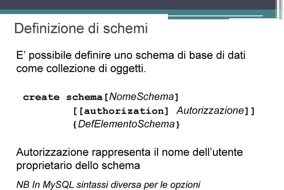 create schema[nomeschema] [[authorization] Autorizzazione]]