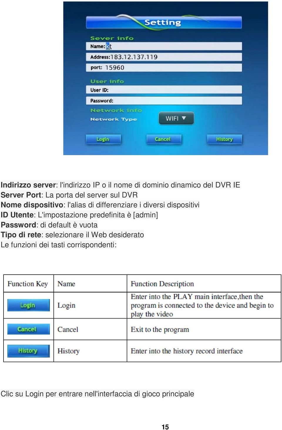 L'impostazione predefinita è [admin] Password: di default è vuota Tipo di rete: selezionare il Web