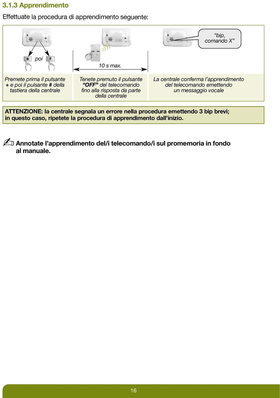 Tenete premuto il pulsante OFF del telecomando fino alla risposta da parte della centrale bip, comando X La centrale conferma l apprendimento del