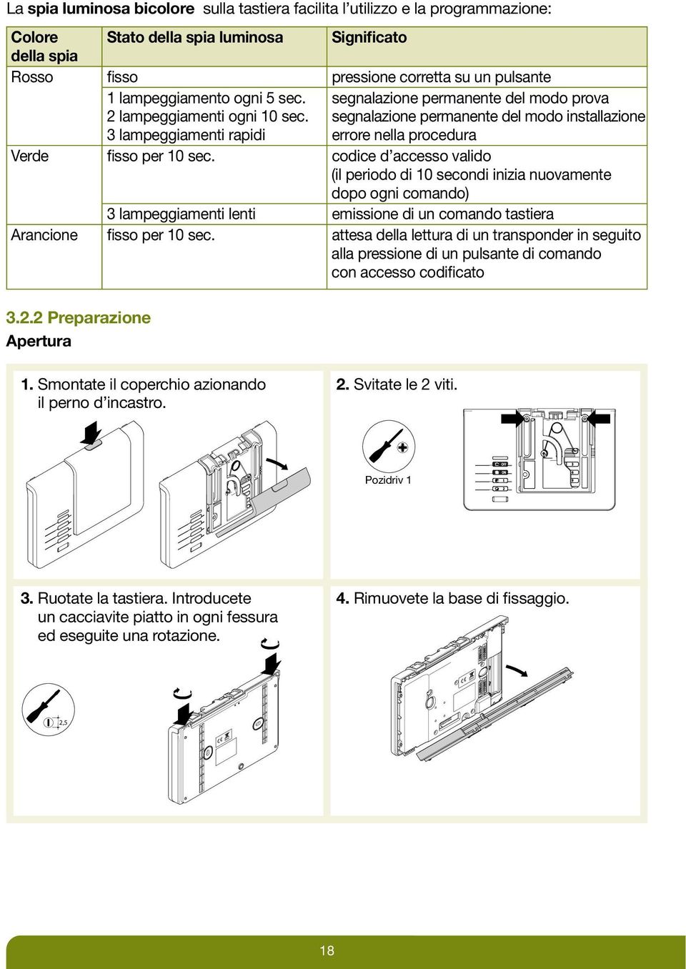 segnalazione permanente del modo installazione 3 lampeggiamenti rapidi errore nella procedura Verde fisso per 10 sec.