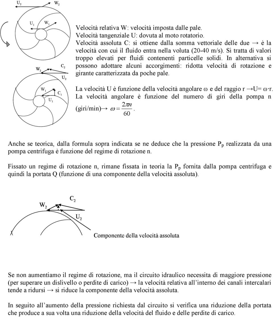 In alternativa si ossono adottare alcuni accorgimenti: ridotta velocità di rotazione e girante caratterizzata da oche ale. La velocità U è funzione della velocità angolare e del raggio r U= r.