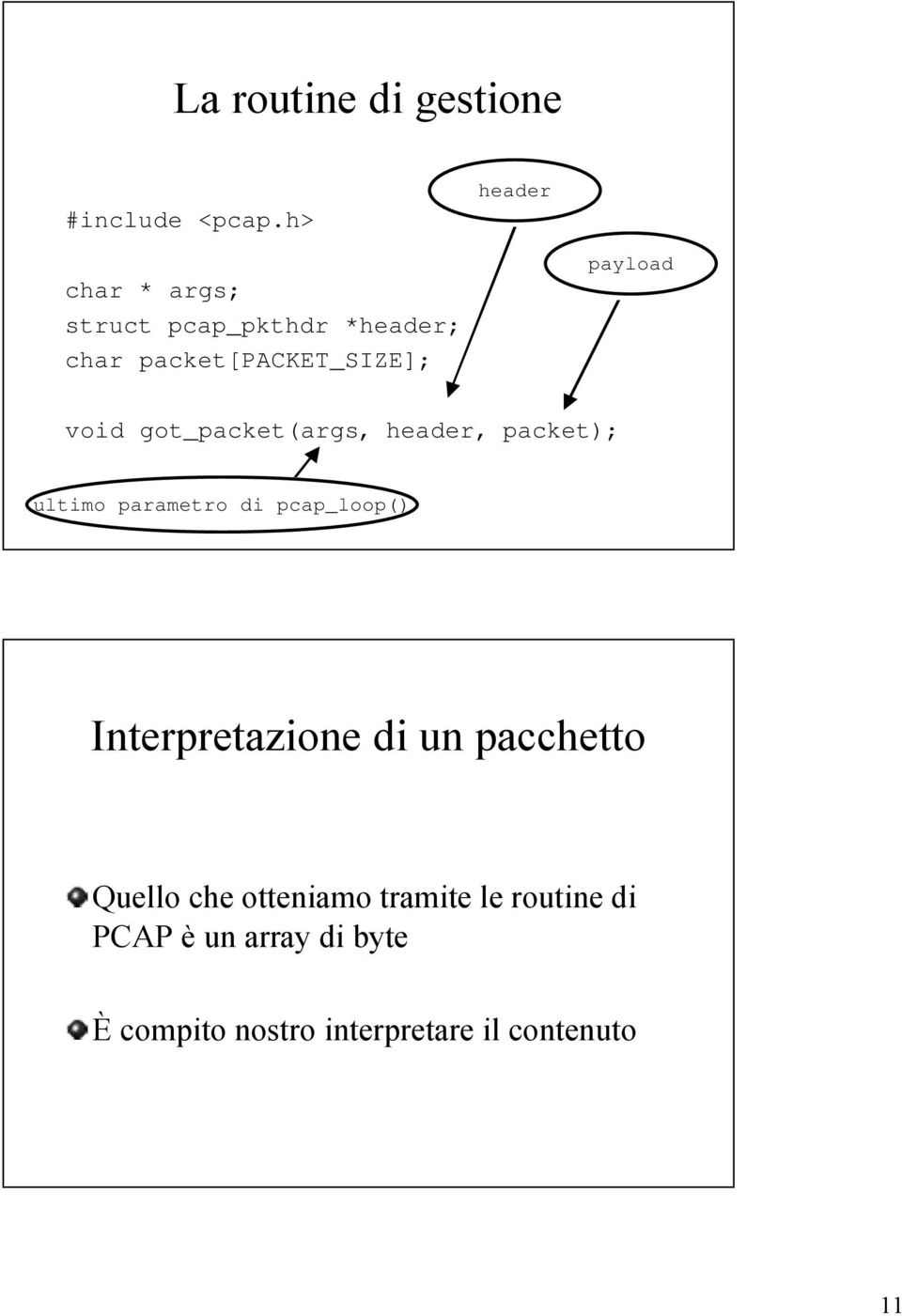 parametro di pcap_loop() Interpretazione di un pacchetto Quello che otteniamo